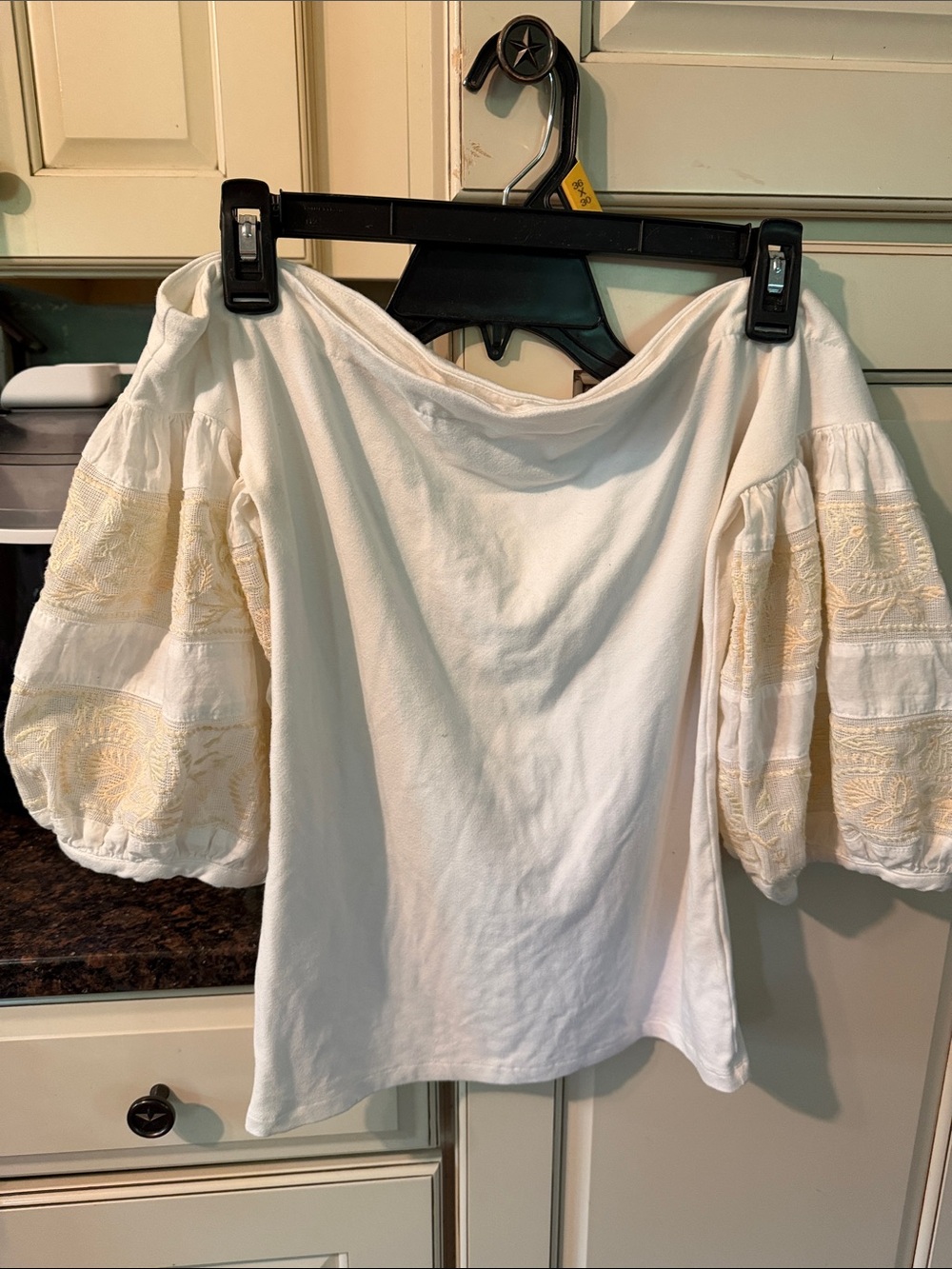 Free People Cream Off-Shoulder Top with Embroidered Puff Sleeves in Ivory